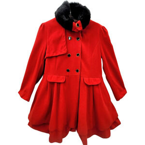 Shi Long Fashion Vintage Red double breasted Faux Fur Collar Peplum Swing Coat